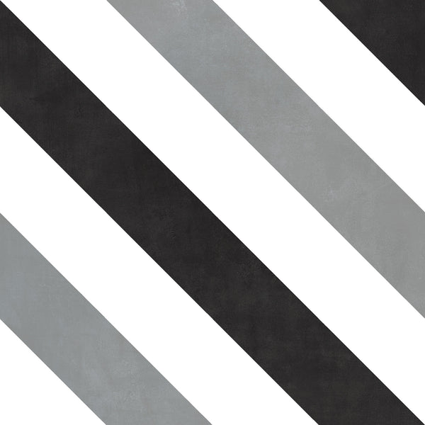 Diagonal black, gray, and white stripes alternate across the image, creating a bold, geometric pattern. The background is divided evenly by the stripes, giving a modern, minimalist appearance.