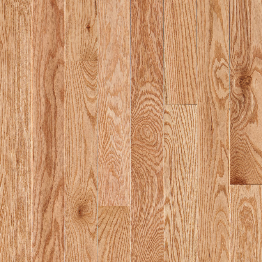 Close-up of Dundee 3 1/4" Red Oak Hardwood flooring in Red Oak Natural, showing light wood tones with natural grain and knots, arranged in a staggered parallel pattern.