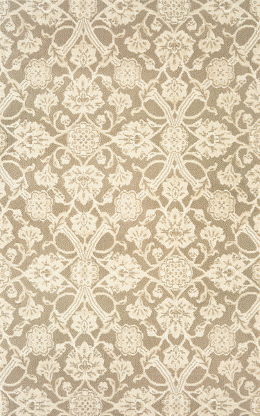 The Vivar On Trend Carpet in Champagne showcases an intricate, symmetrical floral and leaf pattern with vintage-inspired detailing—perfect as a luxury, durable rug for high-traffic areas.