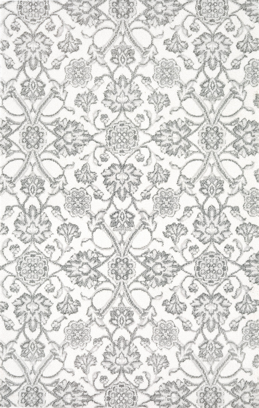 The Vivar On Trend Carpet in Pearl features a gray floral and vine pattern on white, creating a symmetrical, vintage-inspired design—ideal for high-traffic areas or as a luxurious accent to introduce contemporary style.