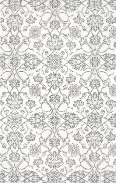 The Vivar On Trend Carpet in Pearl features a gray floral and vine pattern on white, creating a symmetrical, vintage-inspired design—ideal for high-traffic areas or as a luxurious accent to introduce contemporary style.