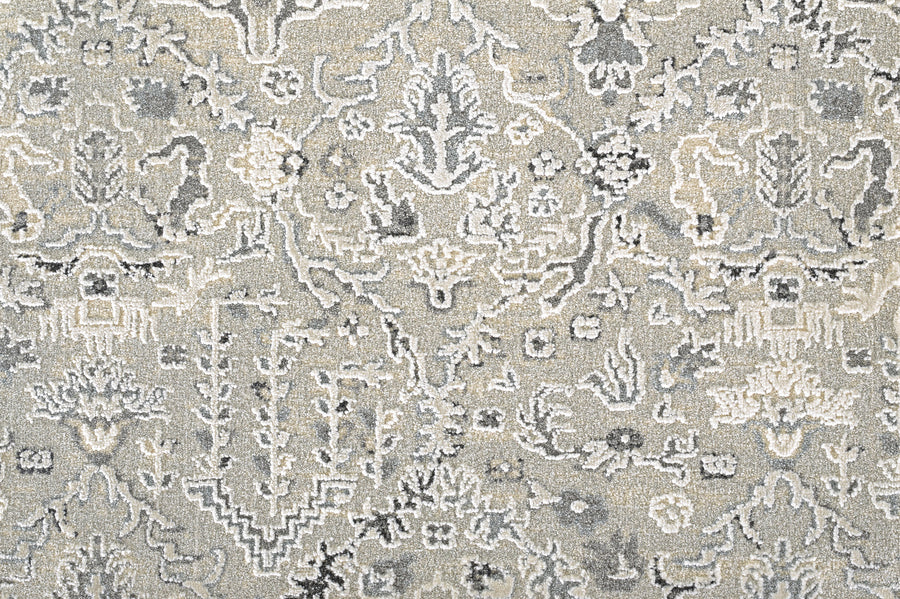 Close-up of the Persian Damask On Trend Carpet in Light, showcasing an intricate damask pattern in subtle gray and cream tones.