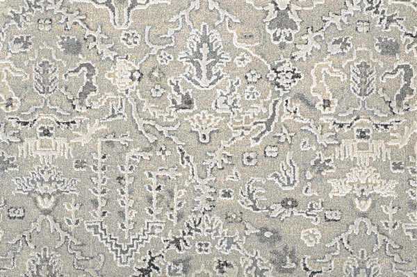 Close-up of the Persian Damask On Trend Carpet in Light, showcasing an intricate damask pattern in subtle gray and cream tones.