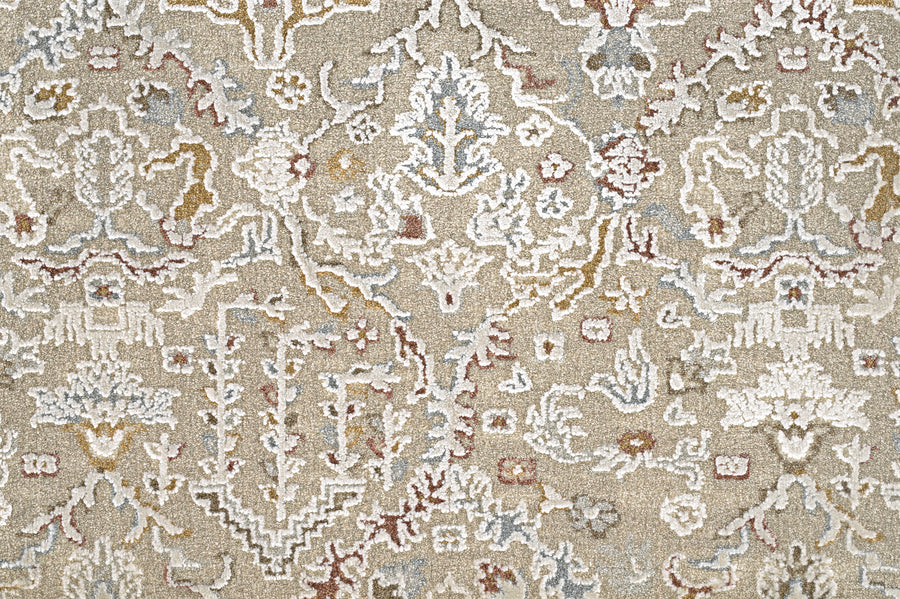 The Persian Damask On Trend Carpet in beige showcases elegant floral and geometric patterns with hints of blue, gold, and red accents woven into its textured design.