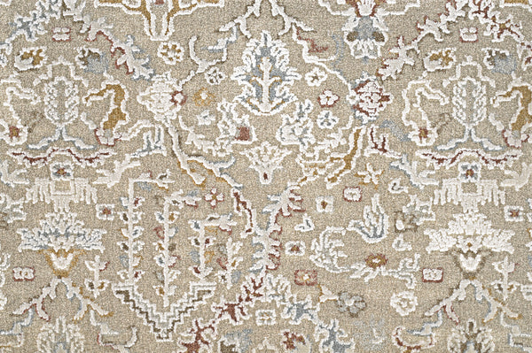 The Persian Damask On Trend Carpet in beige showcases elegant floral and geometric patterns with hints of blue, gold, and red accents woven into its textured design.
