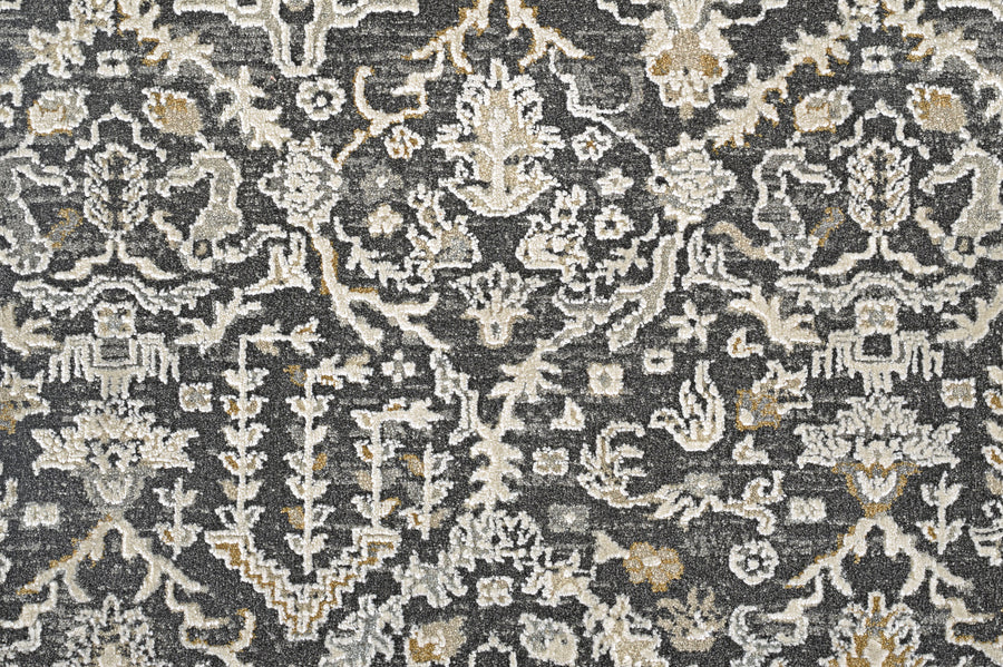 The Persian Damask On Trend Carpet in charcoal features intricate, symmetrical floral and geometric patterns, adorned with stylized leaves, flowers, and vines in a traditional design.
