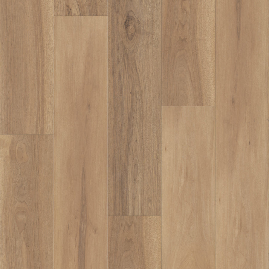 Fresh Take 9" Vinyl flooring features a light brown finish with visible grain patterns and knots in a staggered plank design. Its smooth, polished surface highlights natural color and texture variations for an authentic wood look.