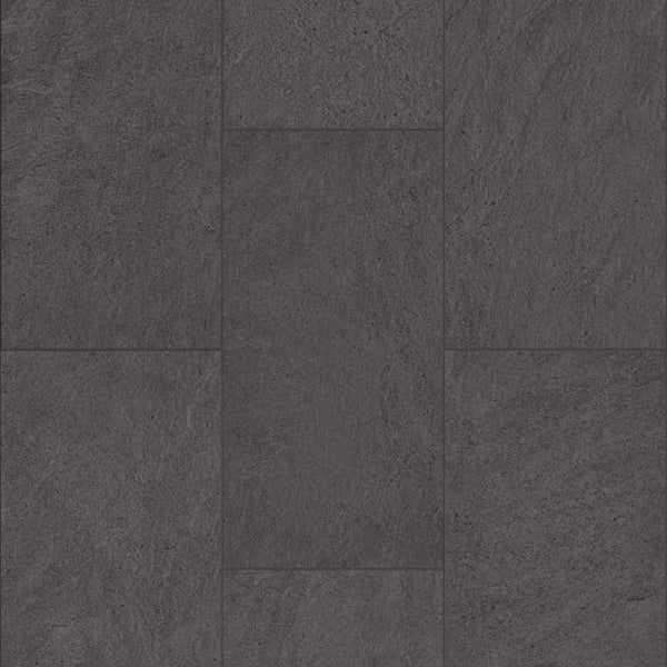 Paragon Tile Plus Vinyl features dark gray textured tiles in a staggered layout, each with subtle shading variations and a natural stone-like look.
