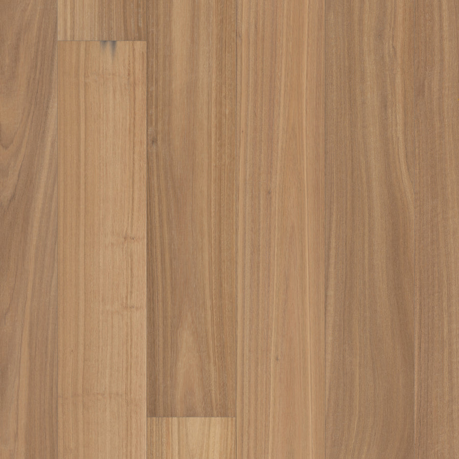 Harvest Glow 7 1/2" European Walnut Hardwood in Cherimoya features light brown tones, visible grain patterns, and natural color variations across wide planks arranged side by side for a seamless, smooth appearance.
