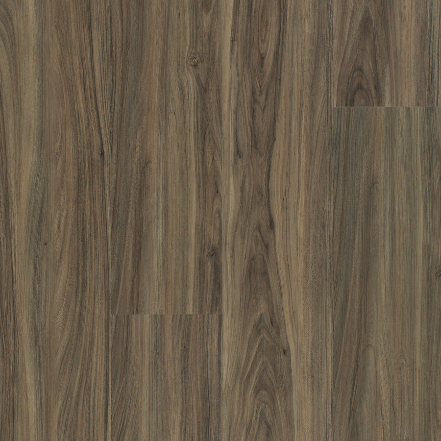 Close-up of Endura 5C Plus 7" Vinyl flooring featuring a natural, dark brown wood grain pattern with varied shades and swirling textures for a rich, rustic look.