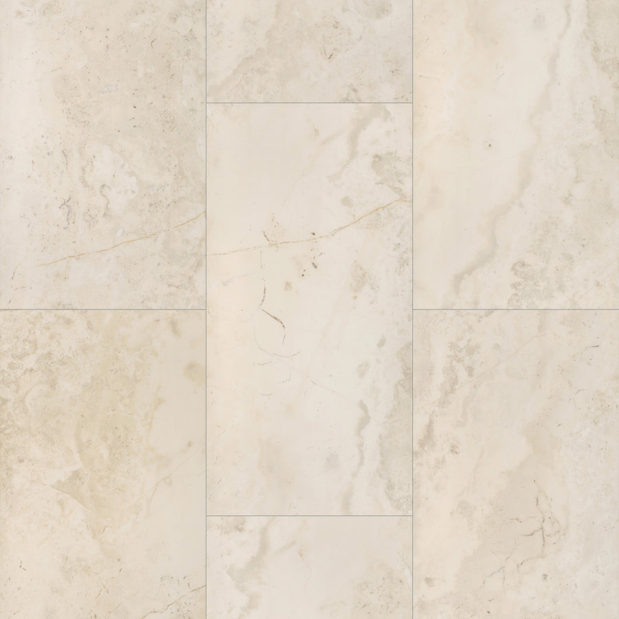 Coretec CT Plus Tile Luxury Vinyl Tile features light beige marble-look tiles with brown and gray veining in a staggered pattern, offering a smooth, elegant surface with natural color and texture variations.