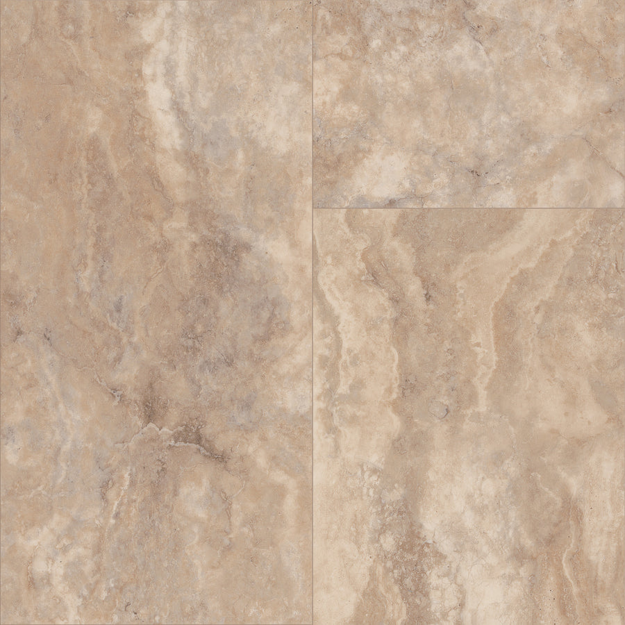 A close-up of Paragon Tile Plus Vinyl in beige and light brown, featuring natural veining and a smooth, polished finish. The vinyl tiles are arranged in a grid pattern with visible seams between each tile.