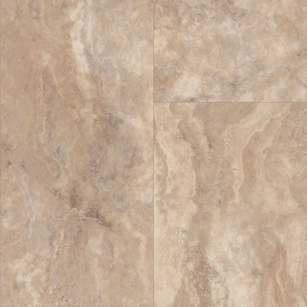 A close-up of Paragon Tile Plus Vinyl in beige and light brown, featuring natural veining and a smooth, polished finish. The vinyl tiles are arranged in a grid pattern with visible seams between each tile.
