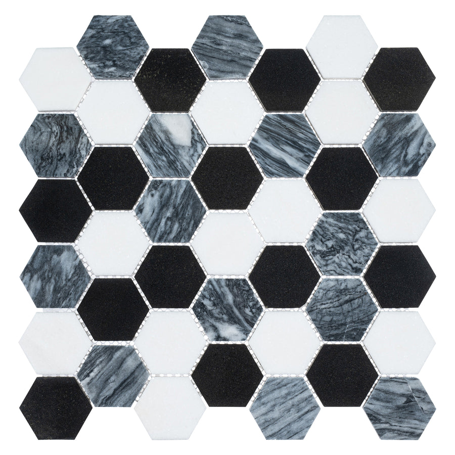 The Colonial 2" Hexagon Stone Mosaic Tile in Presidential Gray features a modern hexagonal design with closely fitted tiles, creating a timeless stone mosaic effect in elegant shades of gray.