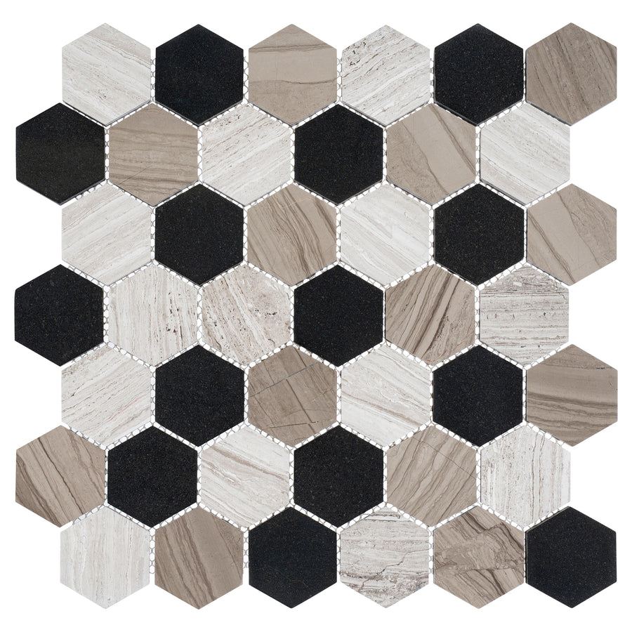 The Colonial 2" Hexagon Stone Mosaic Tile in New Chesapeake features a repeating hexagonal pattern with black, beige, and light gray tiles that mimic natural stone for a classic colonial look.