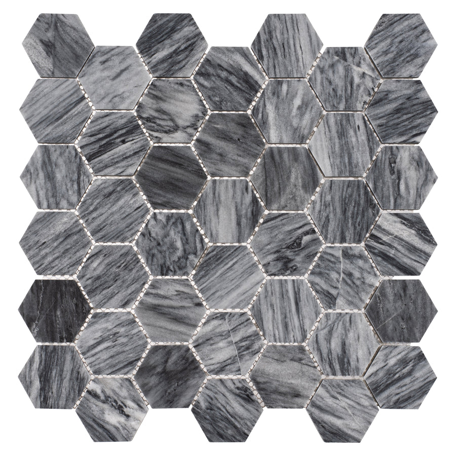 Colonial 2" Hexagon Ceramic Tile in Salem Charcoal features a hexagonal design and marbled pattern, creating a bold geometric look and textured mosaic effect.