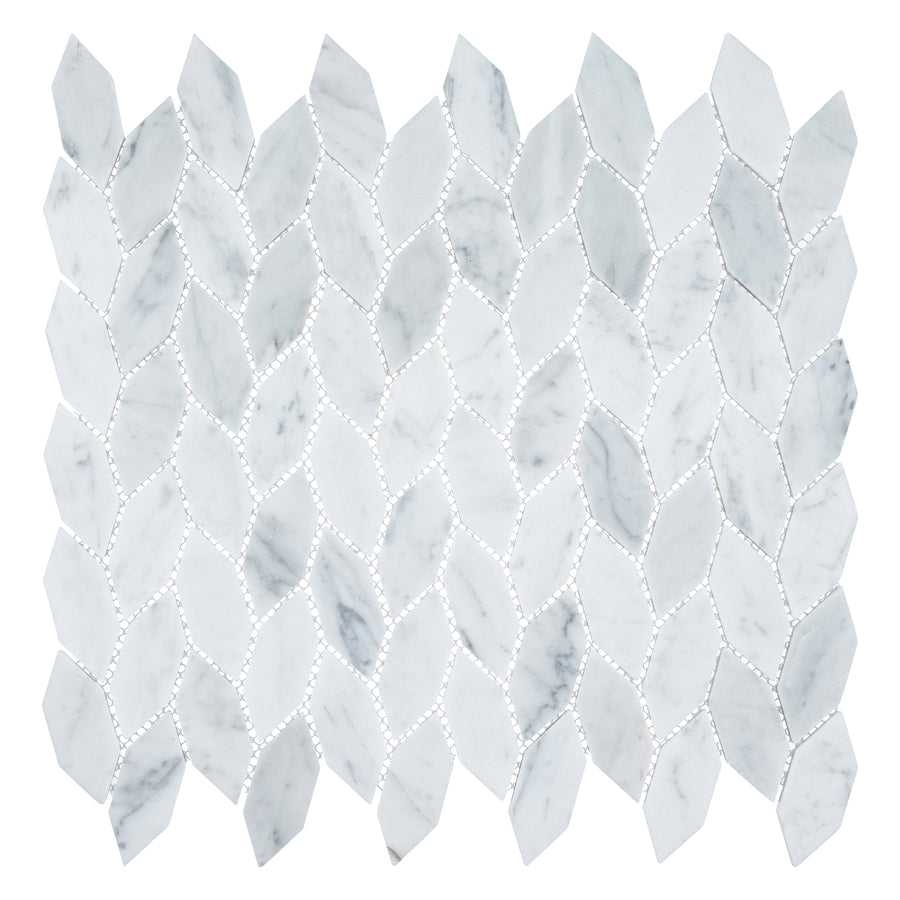 Colonial Long Hexagon Stone Mosaic Tile in Captains Manor features elongated hexagons with subtle gray veining and thin grout lines, forming a leaf-like colonial design on a white background.
