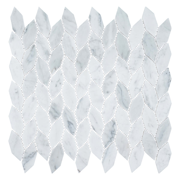 Colonial Long Hexagon Stone Mosaic Tile in Captains Manor features elongated hexagons with subtle gray veining and thin grout lines, forming a leaf-like colonial design on a white background.