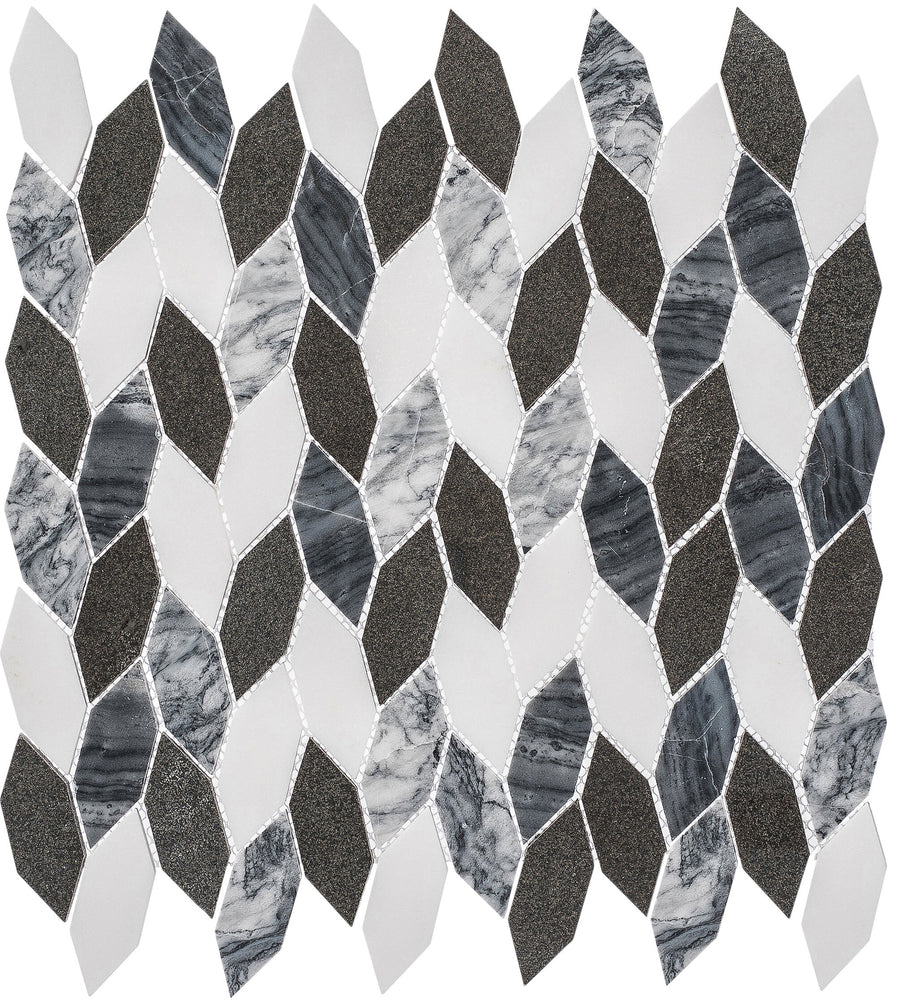 The Colonial Long Hexagon Stone Mosaic Tile in Presidential Gray features a colonial-inspired pattern with diamond and elongated hexagonal shapes in marble textures, arranged in a repeating, interlocking mosaic design.