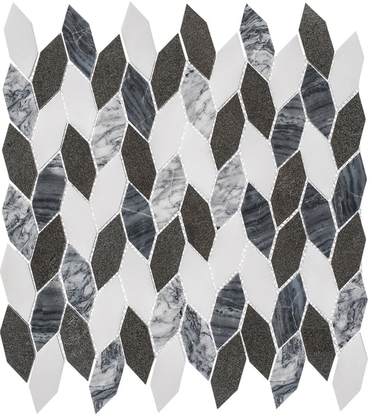 The Colonial Long Hexagon Stone Mosaic Tile in Presidential Gray features a colonial-inspired pattern with diamond and elongated hexagonal shapes in marble textures, arranged in a repeating, interlocking mosaic design.