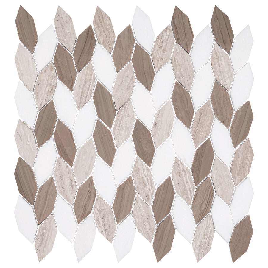 Featuring the Colonial Long Hexagon Stone Mosaic Tile in Bay Colony, this design showcases elongated hexagons in brown, beige, and white arranged in a repeating, interlocking geometric pattern.