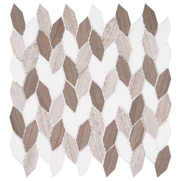 Featuring the Colonial Long Hexagon Stone Mosaic Tile in Bay Colony, this design showcases elongated hexagons in brown, beige, and white arranged in a repeating, interlocking geometric pattern.
