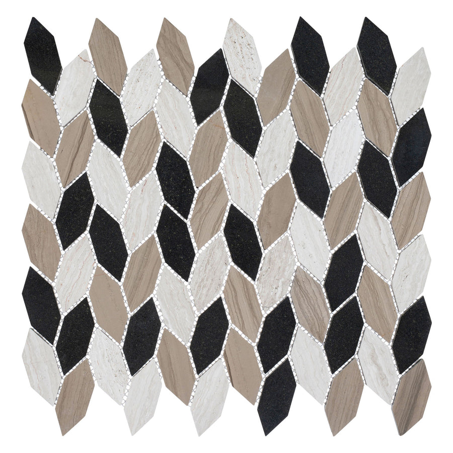The Colonial Long Hexagon Stone Mosaic Tile in New Chesapeake features interlocking black, white, beige, and gray diamonds on elongated hexagons for a colonial look with a glossy, textured finish that adds three-dimensional depth.