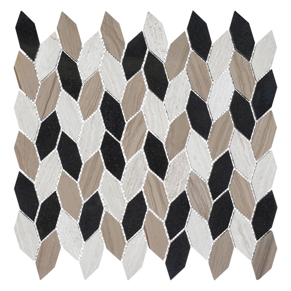 The Colonial Long Hexagon Stone Mosaic Tile in New Chesapeake features interlocking black, white, beige, and gray diamonds on elongated hexagons for a colonial look with a glossy, textured finish that adds three-dimensional depth.