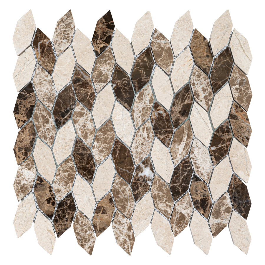 The Colonial Long Hexagon Stone Mosaic Tile in Rock Haven features diamond and elongated hexagon shapes in brown, beige, and cream tones arranged in an interlocking pattern for a refined colonial look.