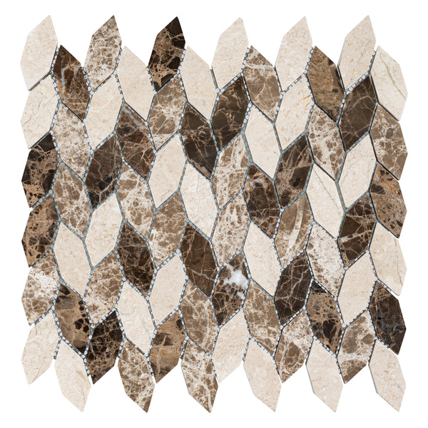 The Colonial Long Hexagon Stone Mosaic Tile in Rock Haven features diamond and elongated hexagon shapes in brown, beige, and cream tones arranged in an interlocking pattern for a refined colonial look.