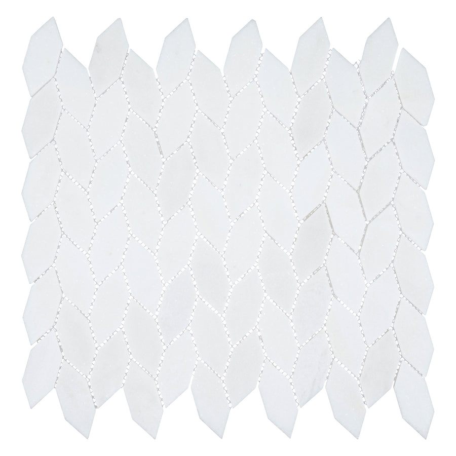 The Colonial Long Hexagon Stone Mosaic Tile in Light Canopy features a repeating, elongated hexagonal pattern with staggered interlocking design and visible grout lines on a white background for a colonial-inspired look.