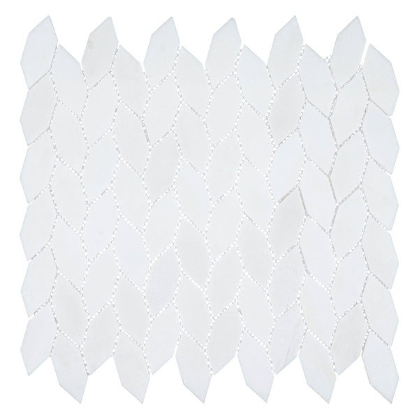 The Colonial Long Hexagon Stone Mosaic Tile in Light Canopy features a repeating, elongated hexagonal pattern with staggered interlocking design and visible grout lines on a white background for a colonial-inspired look.