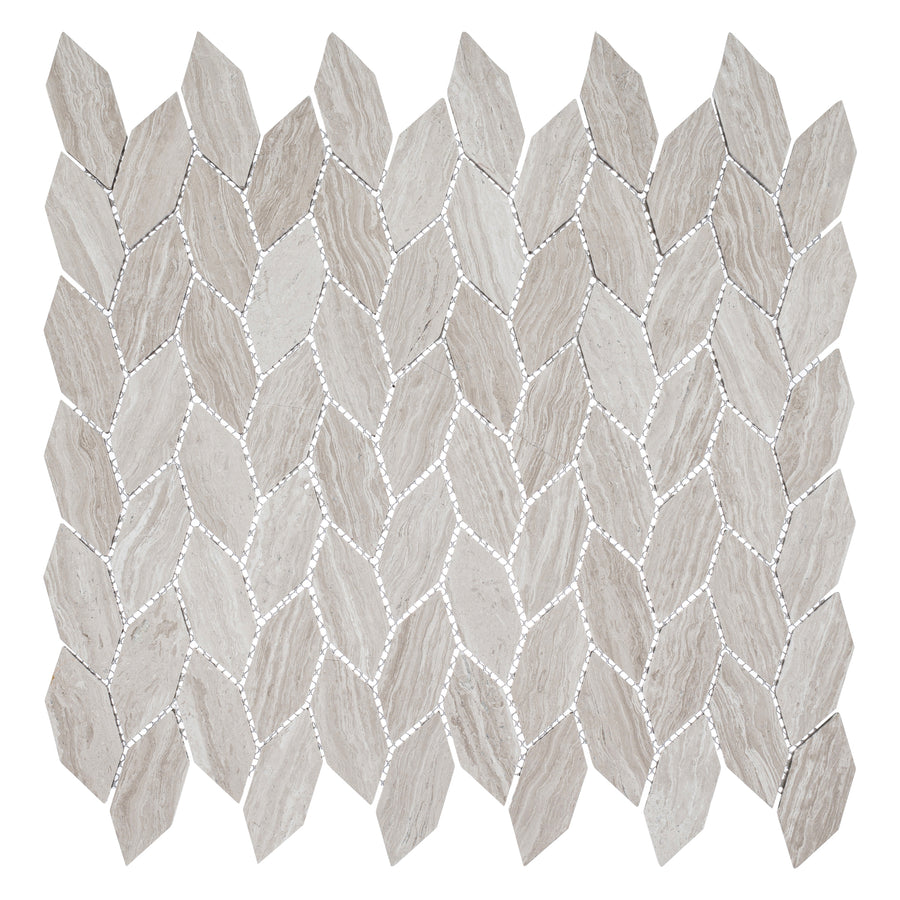 The Colonial Long Hexagon Stone Mosaic Tile in Virginia Dunes features an elongated hexagonal shape and a repeating diamond pattern, bringing subtle colonial charm in beige and light gray hues with white grout lines.