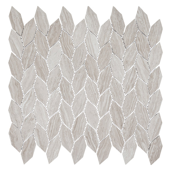 The Colonial Long Hexagon Stone Mosaic Tile in Virginia Dunes features an elongated hexagonal shape and a repeating diamond pattern, bringing subtle colonial charm in beige and light gray hues with white grout lines.