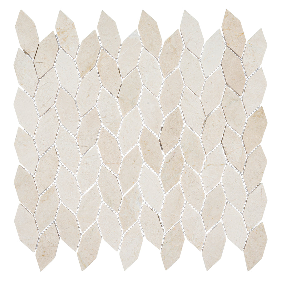 The Colonial Long Hexagon Stone Mosaic Tile in Village Square features beige, leaf-shaped hexagons arranged in a repeating interlocking pattern with slim white grout lines for a refined colonial look.