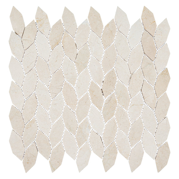 The Colonial Long Hexagon Stone Mosaic Tile in Village Square features beige, leaf-shaped hexagons arranged in a repeating interlocking pattern with slim white grout lines for a refined colonial look.