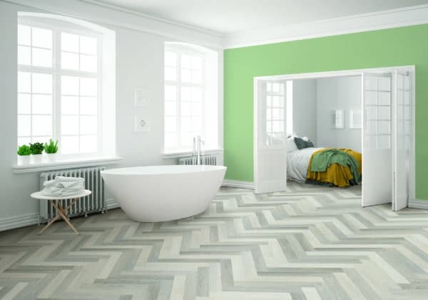 Minimalist scandinavian white bathroom with bedroom in the background, classic interior design