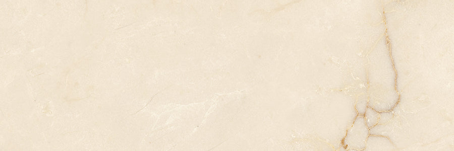The Renaissance 4x12 Polished Porcelain Tile showcases a light beige marble look with subtle veins and a striking dark vertical vein on the right. Its smooth, polished finish highlights the refined elegance of luxury tile.