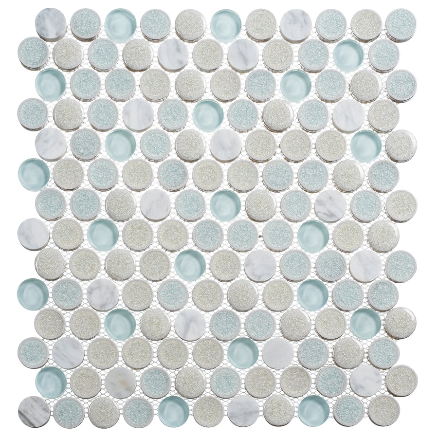 The Ceremonial 11 5/8" x 12 7/8" Stone and Glass Mosaic Tile in Dawn Celebration features a mosaic of round tiles in white, light blue, and pale grey with smooth, textured, and frosted finishes for timeless style.