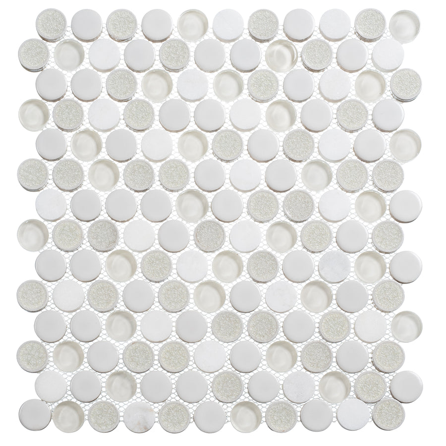 The Ceremonial 11 5/8" x 12 7/8" Stone and Glass Mosaic Tile in Festive Whites features small round tiles in glossy, matte, and textured finishes for a timeless look with an elegant grid design.
