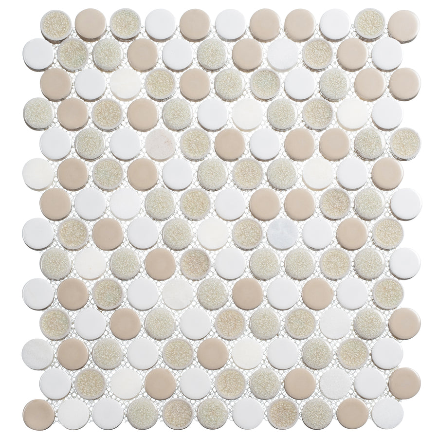 The Ceremonial 11 5/8" x 12 7/8" Stone and Glass Mosaic Tile in Banquet Hall features a timeless grid of round stone and glass pieces in white, beige, and off-white with alternating glossy and matte finishes.