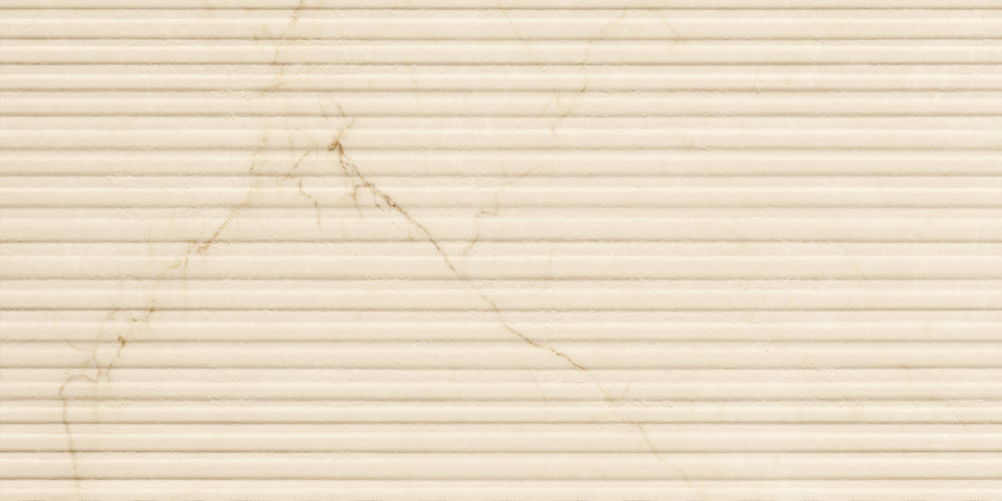 The Renaissance 12x24 Matte 3D Porcelain Tile features a beige matte finish with horizontal grooves and soft brownish marble-like veins, creating a uniform, clean, and elegant look.