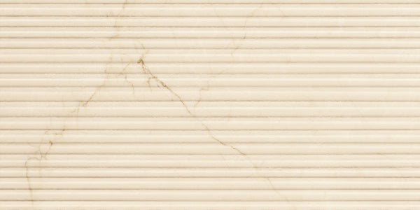 The Renaissance 12x24 Matte 3D Porcelain Tile features a beige matte finish with horizontal grooves and soft brownish marble-like veins, creating a uniform, clean, and elegant look.
