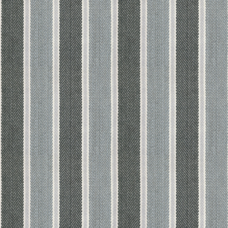 A close-up of Dolce Vita On Trend Carpet reveals vertical stripes in black, white, gray, and light blue with varying widths and a subtle herringbone texture for a premium look.