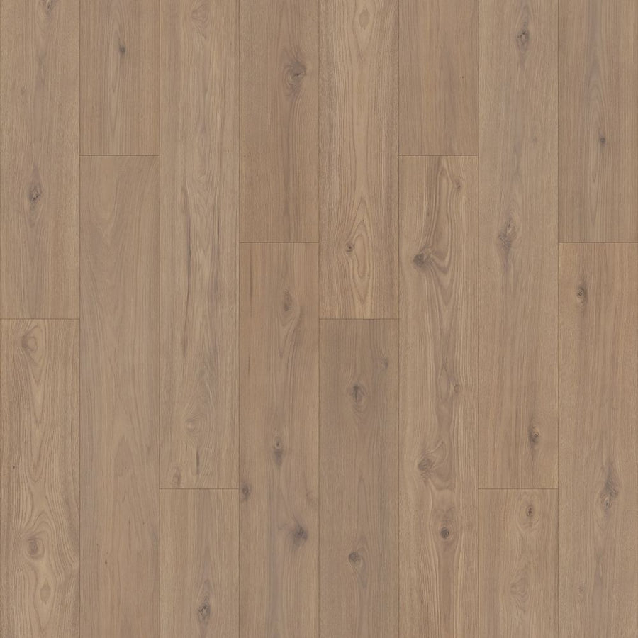 Freywood Springs 8 11/32" Waterproof Laminate in Cabin Hickory features a light brown hue, smooth finish, visible wood grain and natural knots. Planks are staggered for a warm look and enhanced durability.