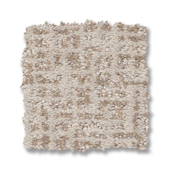 A square sample of Caboodle On Trend Carpet in Balanced, featuring beige and taupe hues with a plush mix of looped and cut fibers for a soft, patterned texture on a white background.