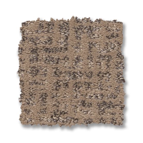 Caboodle On Trend Carpet in Camelback is a square swatch with textured, looped pile in light brown and tan, subtle geometric pattern, and darker flecks—a stylish yet durable carpet for any space.