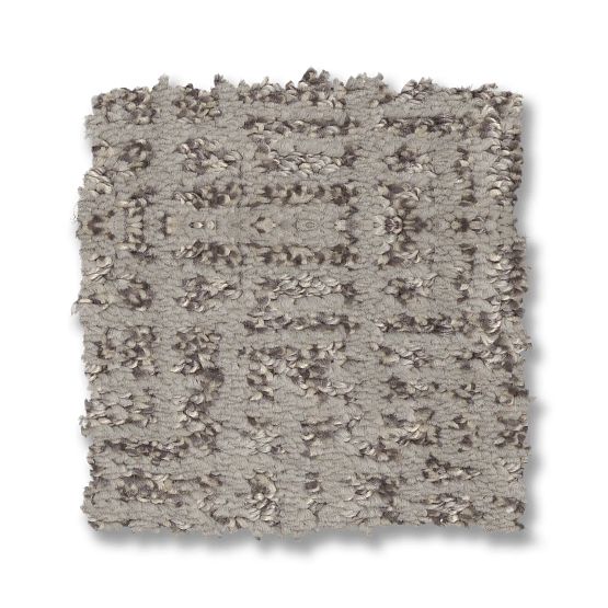 The Caboodle On Trend Carpet in Mindful showcases a durable, square swatch with a textured, raised looped pattern in gray and beige tones, forming a geometric grid design on a white background.