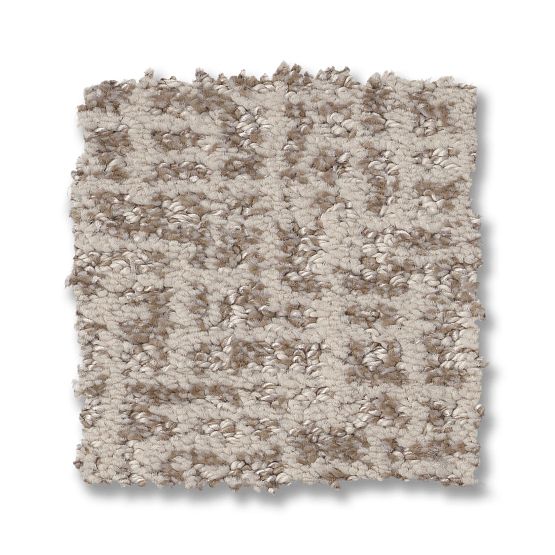 The Caboodle On Trend Carpet in Nomadic features a square swatch of plush beige and taupe with looped and cut fibers, offering a stylish patterned texture and slightly uneven edges for added character.
