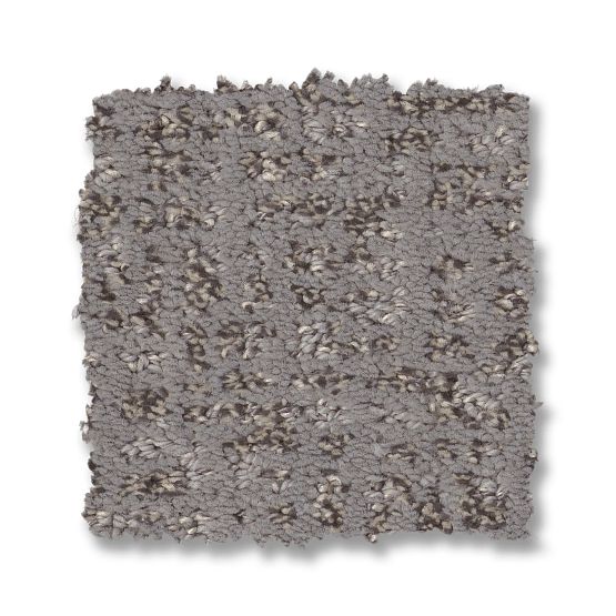 A square sample of Caboodle On Trend Carpet in Sensible displays plush gray fibers, blending light and dark tones for a soft, patterned look against a white background.